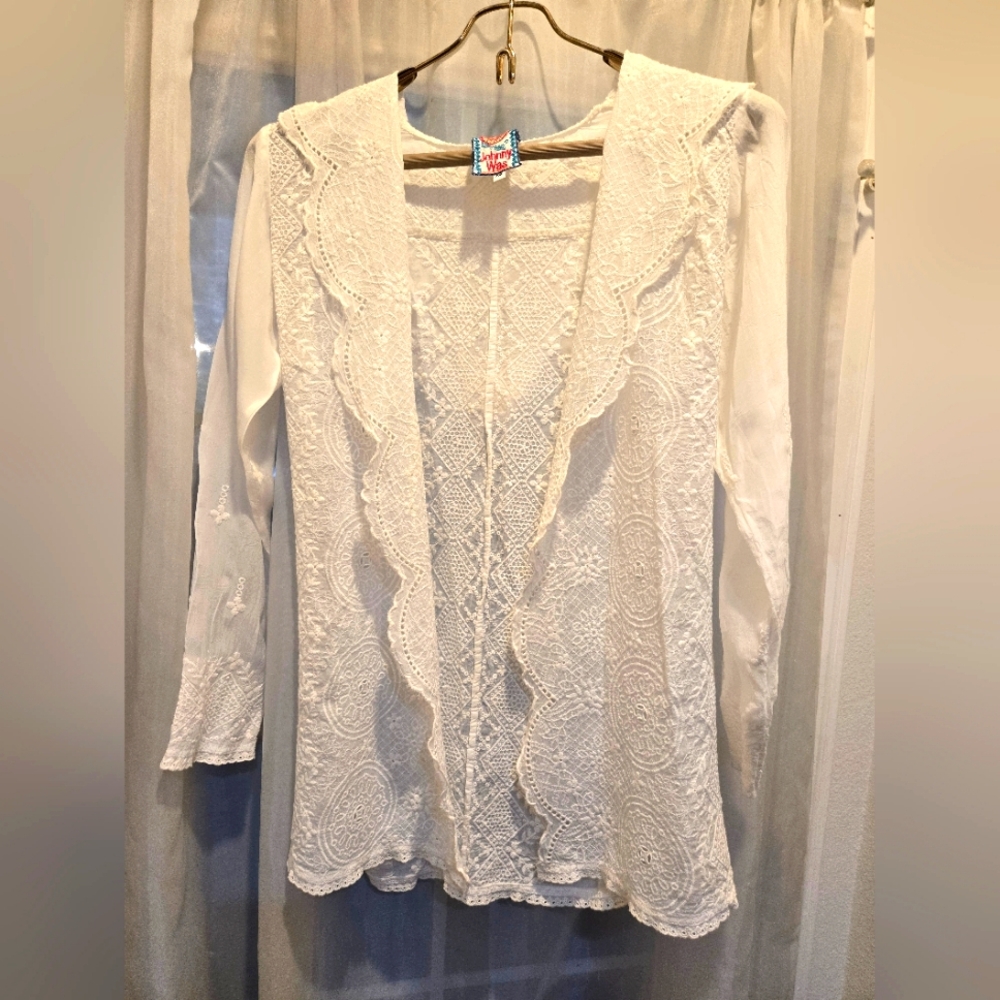 Johnny Was White Lace Hoodie Sheeer Embroidered XS